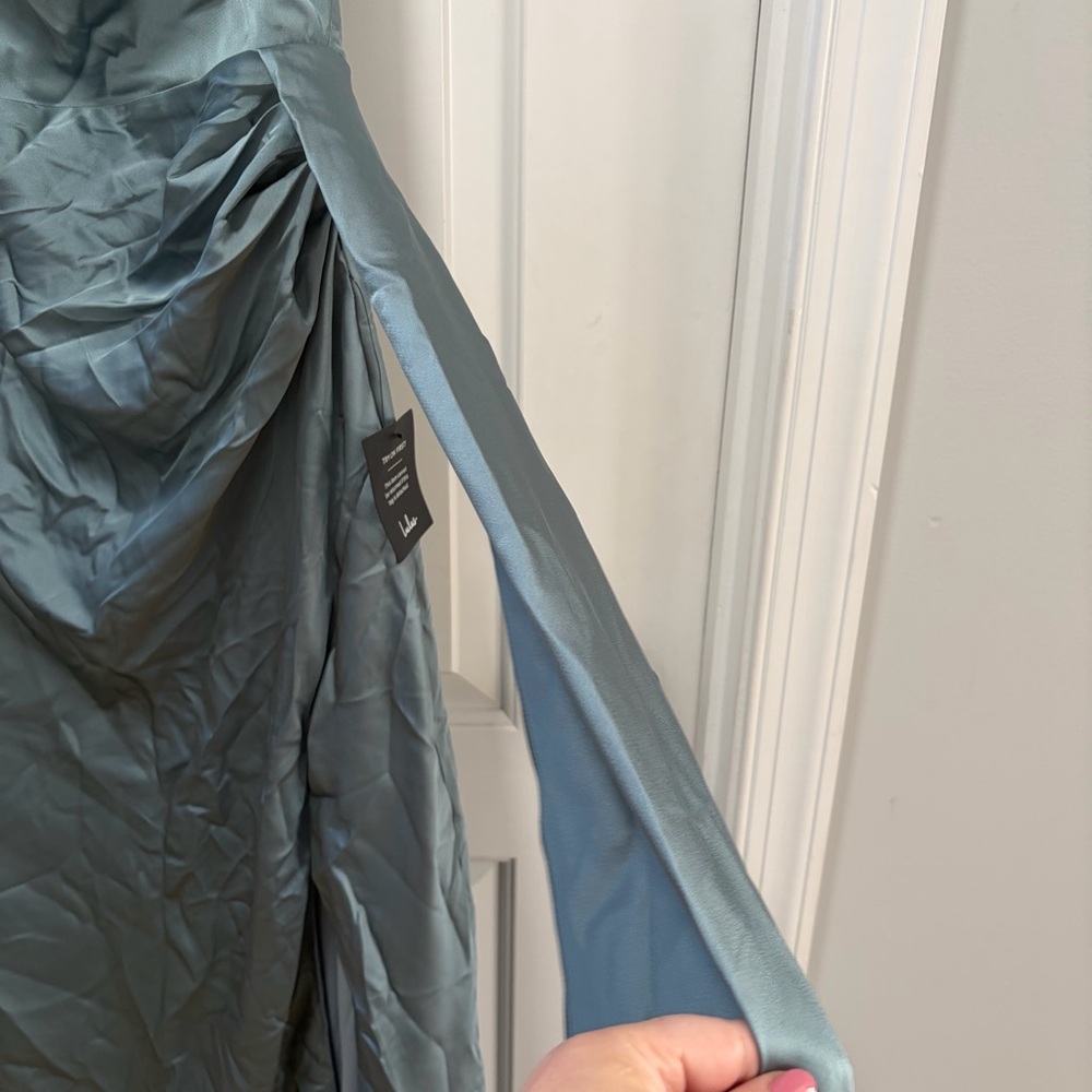 Lulus Signature Elegance NWT size XL Slate Blue Satin One-Shoulder Maxi Dress - Picture 7 of 14